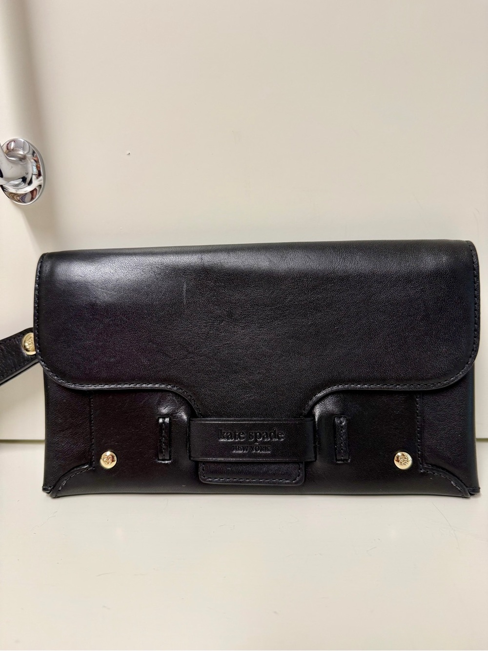 Kate Spade New York Black Leather Clutch Wristlet Gold Studs Purple Floral